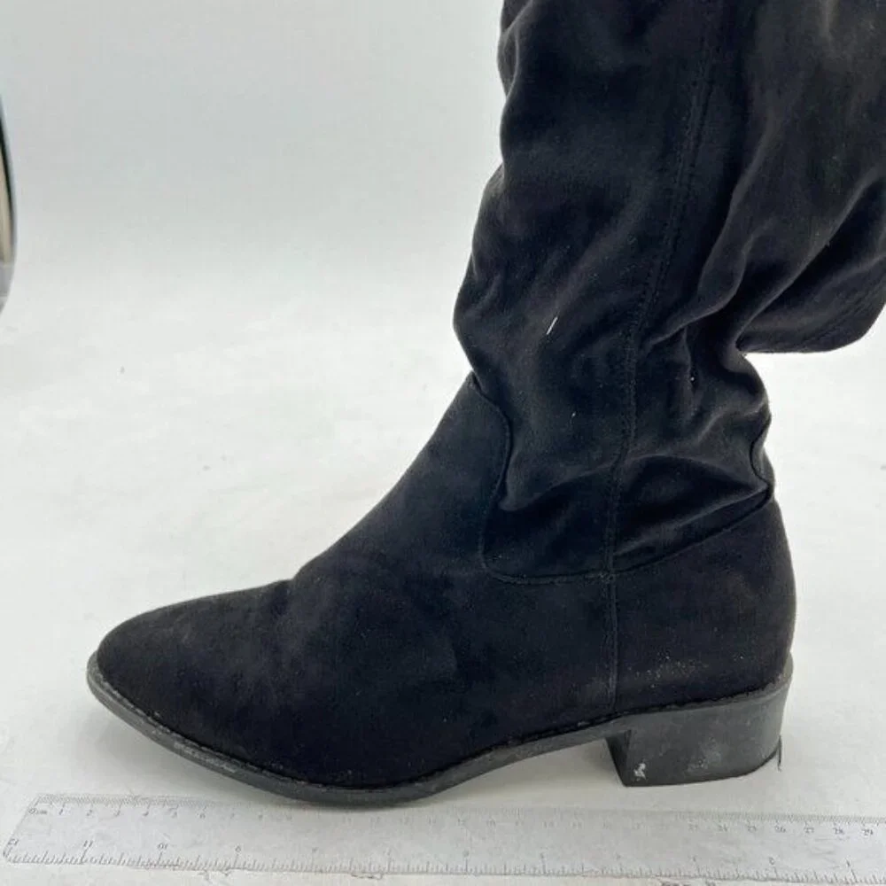 Black Knee High Collar Stacked Chunky Closed Toe Faux Suede Wide Calf Shoes